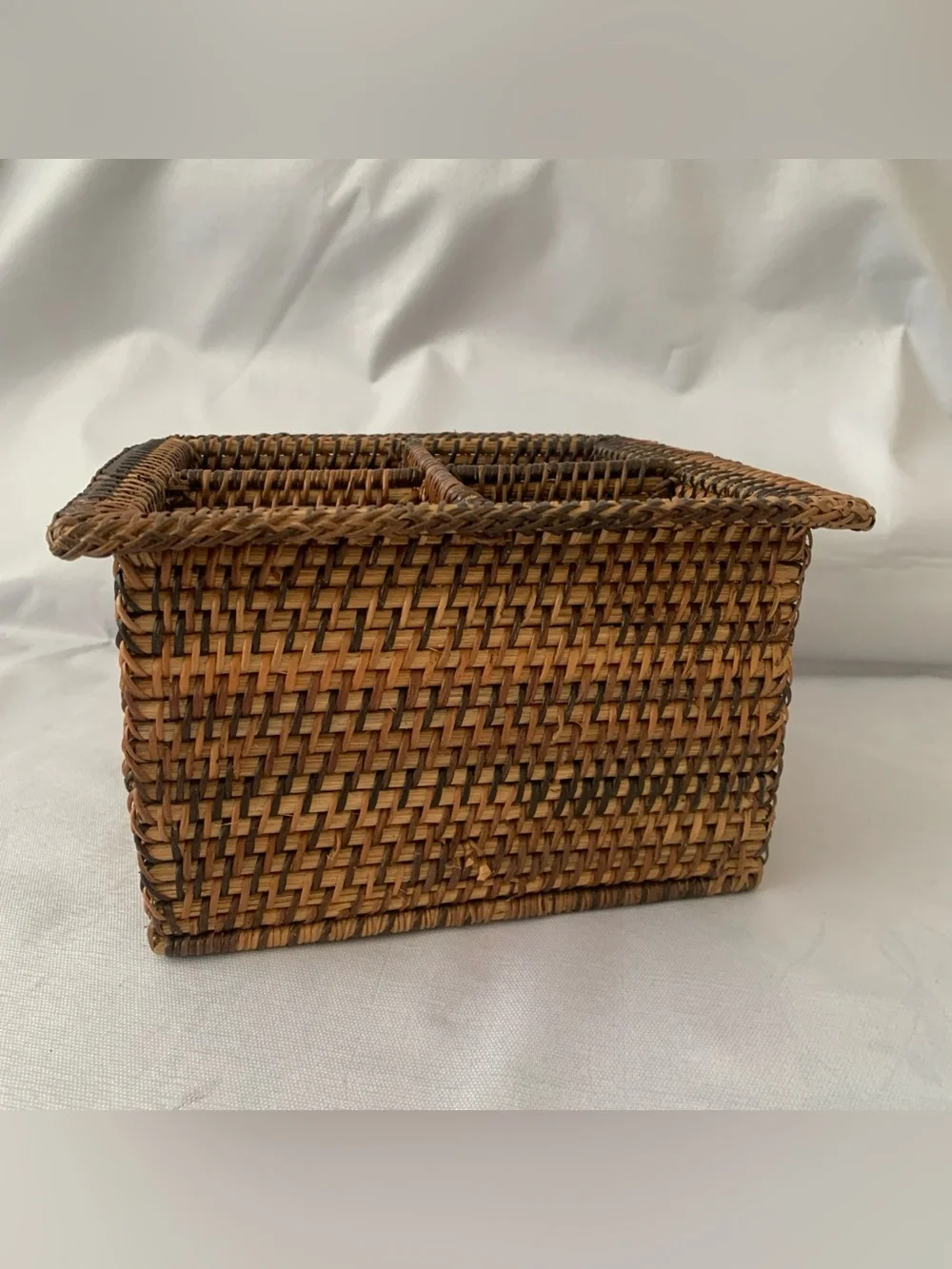 VTG Hand Woven Wicker Rattan Basket 4 Section Utensil Holder 8” Square Container